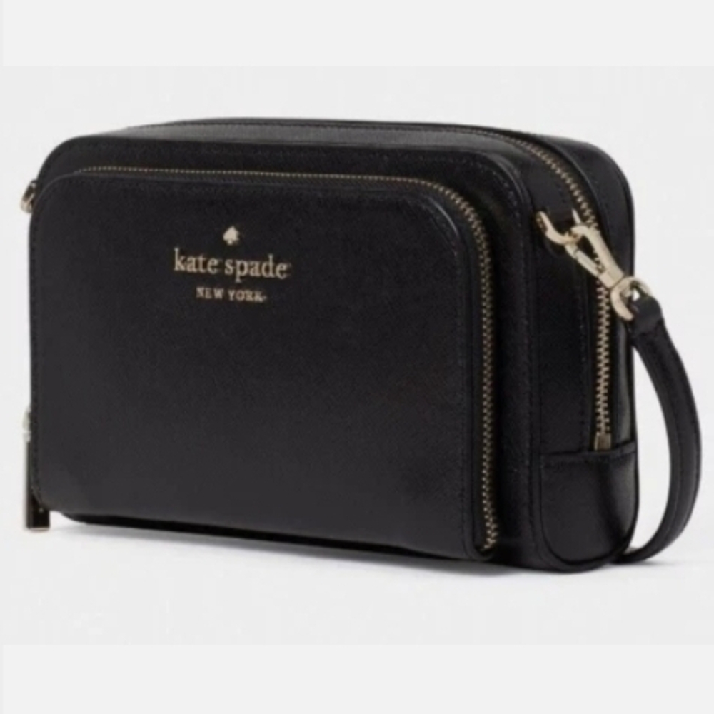 kate spade Black Leather Double-Zip Crossbody Bag with Gold Hardware